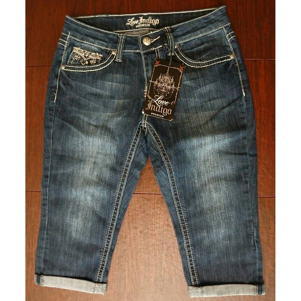 Love‎ Indigo Premium Denim Capri Jeans Embroidered Pockets Woman 6P 28X17 #319C